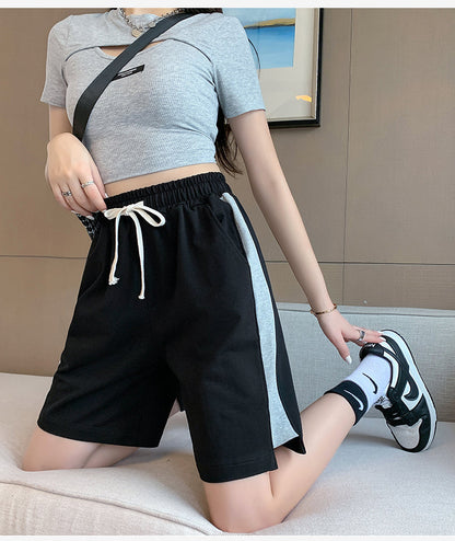 jinran  High Street Women's Shorts Summer Casual Sports Pants Black Light Gray Striped Patchwork Loose Half Pants Woman M-XXL