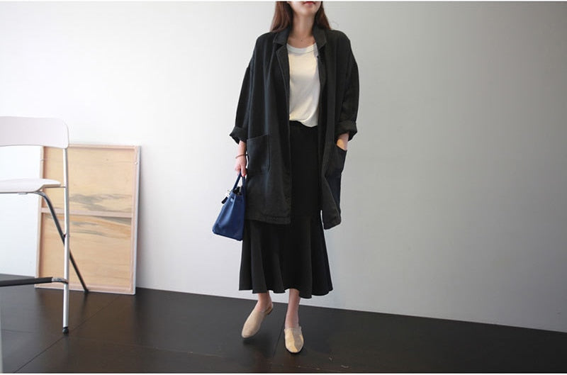 jinran Spring Autumn New Korean Turn-down Collar Long Coats 2022 Casual Solid Color Loose All Match Pockets Women Jackets