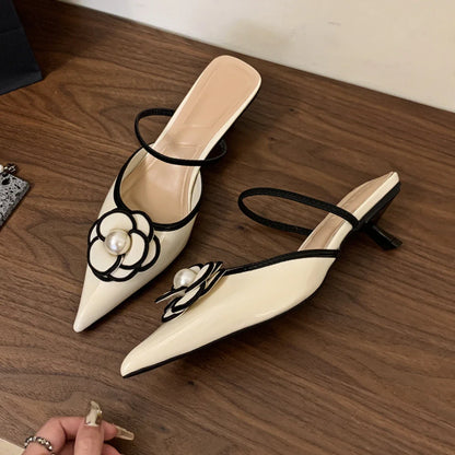 jinran Flower Pointed Toe High Heels Women Luxury Designer Sandals Female Summer Elegant Fashion Pumps Woman Flower Mule Slippers Women