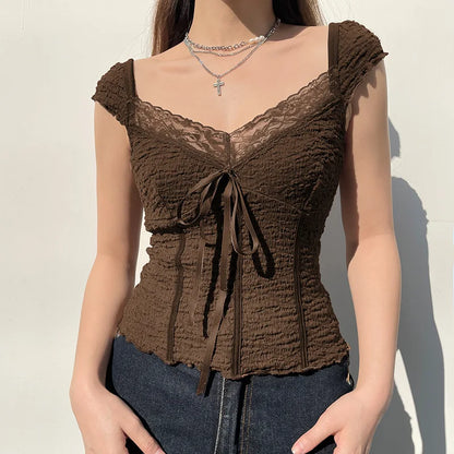 jinran Folds V Neck Women's Crop Top Elegant Lace Patchwork Slim Brown Vintage T-shirt Lady Fashion Streetwear Summer Autumn Outfit