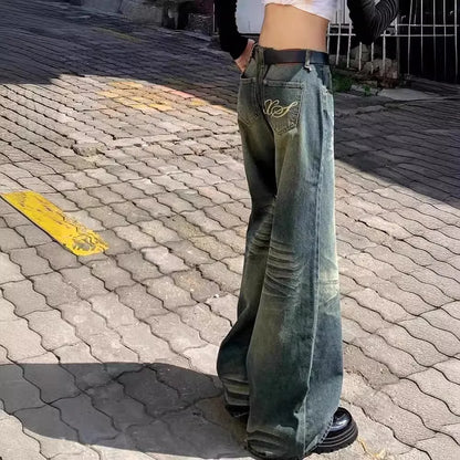 jinran American Retro Hottie Low-waist Jeans for Women 2024 Summer Old Washed Wide-leg Pants Loose Straight Leg Mopping Pants