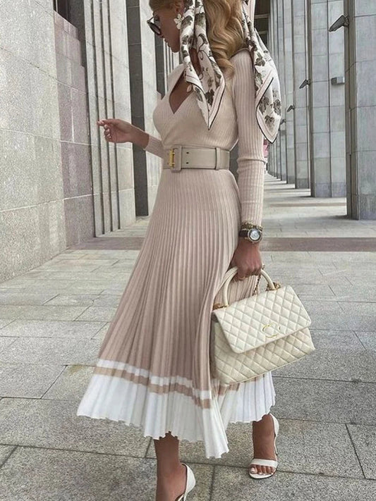jinran Women Ribbed V-neck Fold Knitted Max Dress Ladies Skinny Sexy A-line Dresses Two Color Patchwork Elegant Chic Vestidos