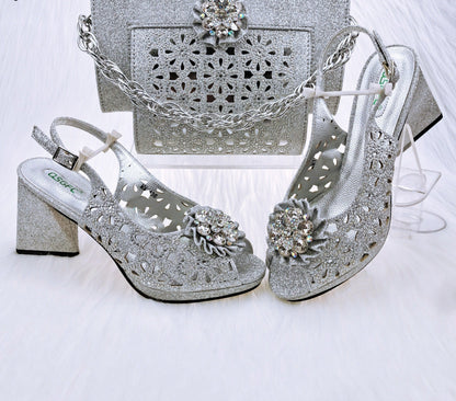 jinran Newest Gold Color Cutout High Heels Decorated with Rhinestone Flower Design Party Women's Shoes and Bags Set