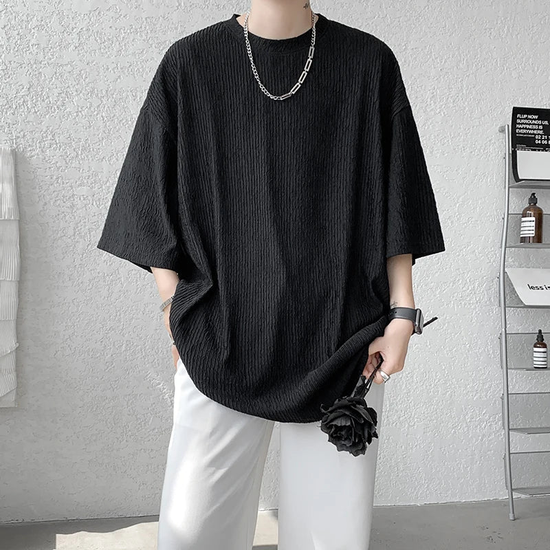 Summer Fashion Texture Men's T Shirt Casual Solid Short Sleeve Classical Tee Mens Oversized Hip-Hop Top Tees