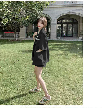 jinran Summer New Loose Casual Elegant Women's Shorts Suit Fruit Green Jacket Shorts Two Piece Set Female Tracksuit Office Leisure Suit