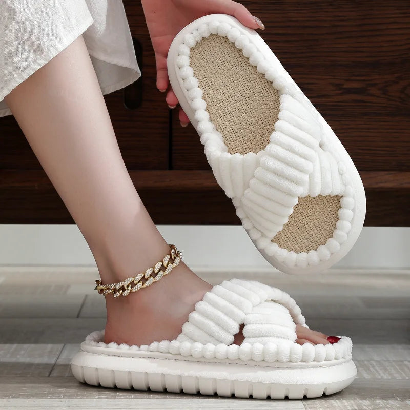 jinran 2024 Autumn Winter New Women Home Slippers Open-Toe Cross Band Linen Soled Indoor Slides Linen Soled Non-Slip Bathroom Slippers