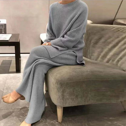 jinran Lady Home Suit Autumn Fashion Soft Casual O-Neck Pullover Tops+Knitted Pant New Homewear Pajama Winter Solid Women Two Piece Set