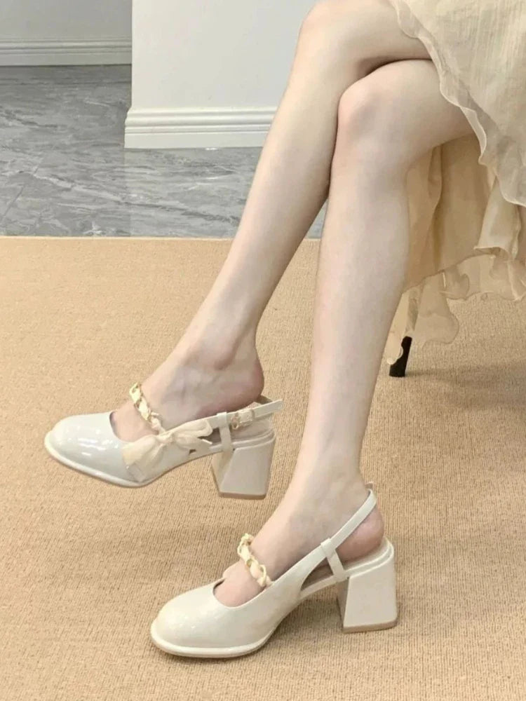 jinran Elegant Classic Round Toe Sandals Women 2024 Summer New French Niche High Heels Shoes Female White Chunky Mary Jane Single Shoes