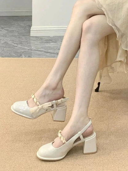 jinran Elegant Classic Round Toe Sandals Women 2024 Summer New French Niche High Heels Shoes Female White Chunky Mary Jane Single Shoes