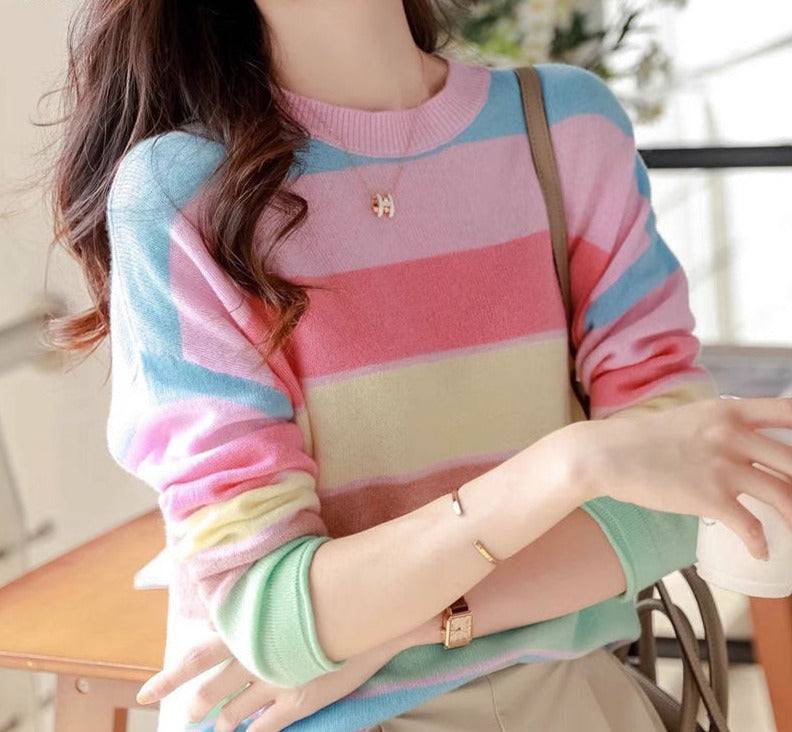 jinran Spring Summer Thin Rainbow Women's Clothing Spliced O-Neck Loose Pullovers Slight Strech All-match Casual Sweaters Warm Color