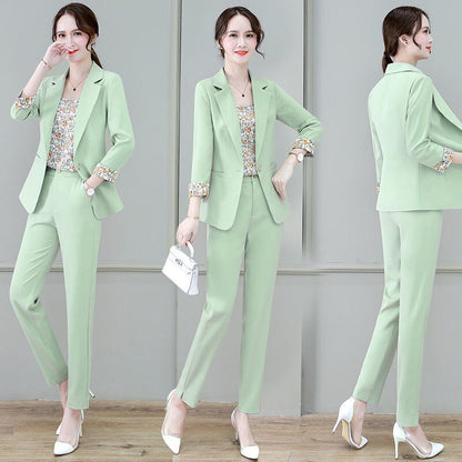 jinran 2022 Summer New Korean Fashion Elegant Women's Pants Suit Printed Vest Flannel Jacket Casual Trousers Three Piece Set Blazer