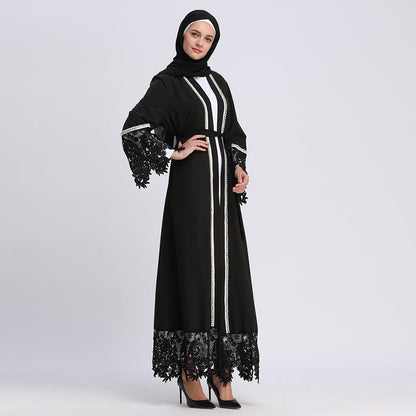 jinran Summer Elegant Solid Color Colorful Temperament Long Skirt Ladies Open Shouder Robe Satin Large Size Belt Muslim Woman Abaya