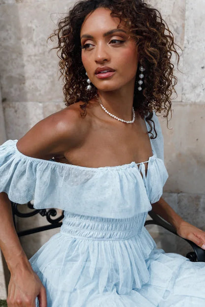 jinran 2024 New Women's Blue Tulle Ruffled U-neck Party Sexy Dress Long Dress Princess Style Birthday Dress Backless Tiered Gown