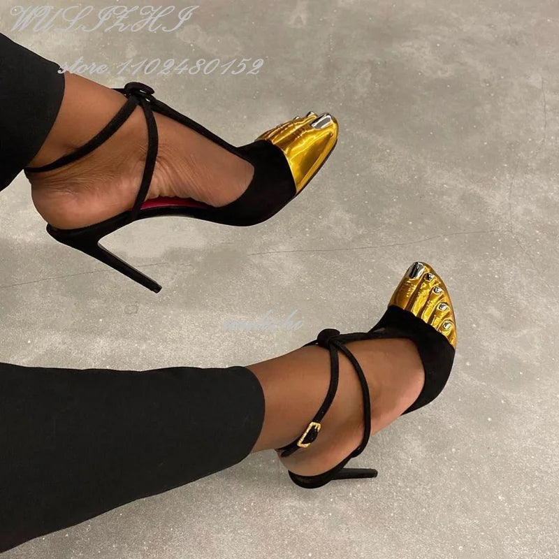 jinran Black Strappy Gold Round Toe Five-Finger Sandals Girl Stiletto Ankle Straps Summer Suede Hollow Heels Catwalk Street Style Shoes