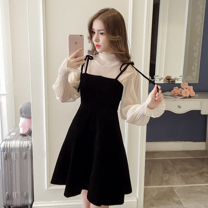 jinran Spring New Elegant Two Piece Dress for Women Women Winter Korean A-Line O-Neck Tops and Black Sundress Streetwear Dress Vestidos