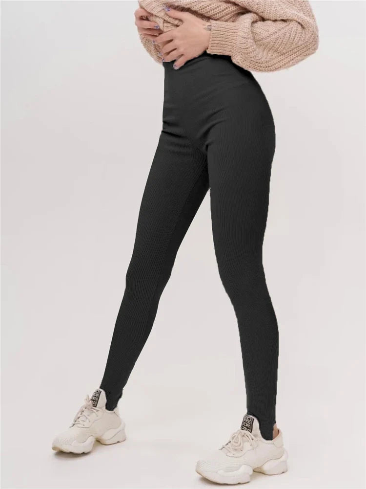 jinran Black Ribbed Knit Leggings Women High Waist Cotton Fitness Basic Pants Casual Spring New All-Match Female Skinny Leggings