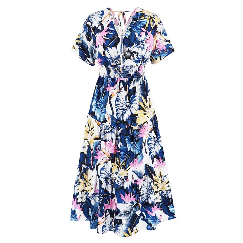 jinran Women Autumn Outfits Short Sleeve Sexy V-Neck Slim Bohemian Print Dress Popular Printed Summer Dress Women