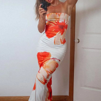 jinran Slim Flower Print Off Shoulder Sleeveless Backless Elegance Dress Women 2024 Bodycon Long Tube Top Dress for Party Club
