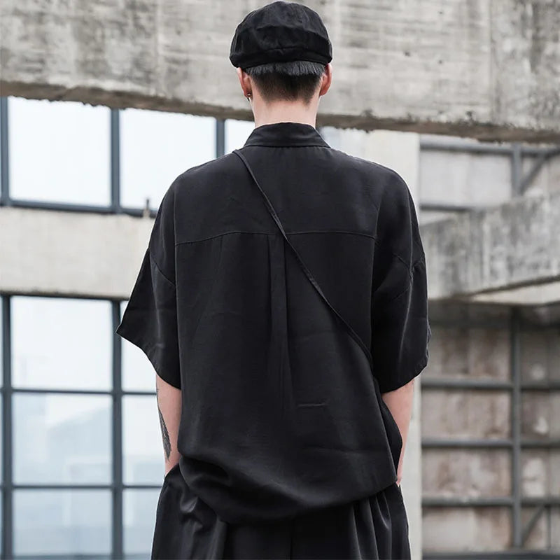 Black Oversized Short Sleeve Shirt Men's Korean Style Drop Shoulder Shirt Harajuku Loose Single Breasted Shirt