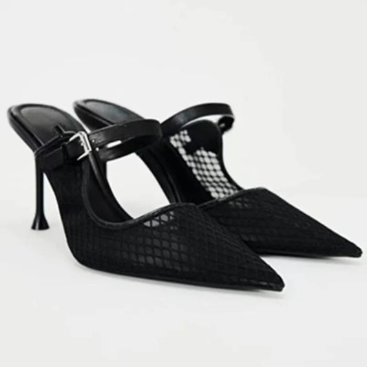 jinran High Heels Mules Shoes for Laides Sexy Pointed Toe 2024 Summer Stilettos Black Hollow Breathable Mesh Vintage Women's Sandals