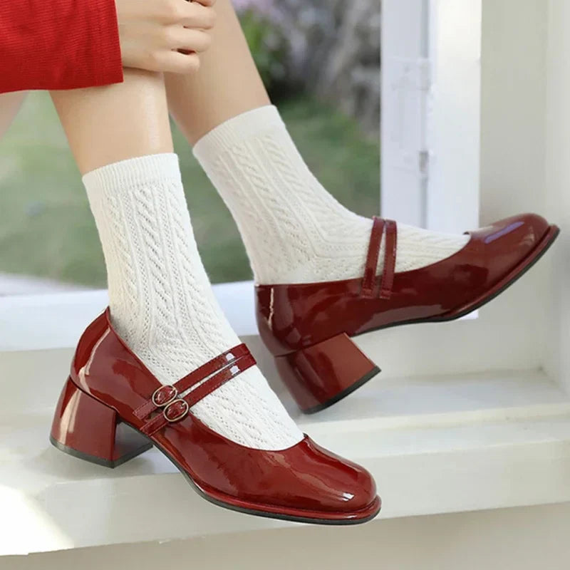 jinran Wine Red Elegant Women Mary Janes Shoes Square Toe Autumn Mid Heels Glass Pumps Zapatos 2024 New Fashion Style Party Mujer Botas