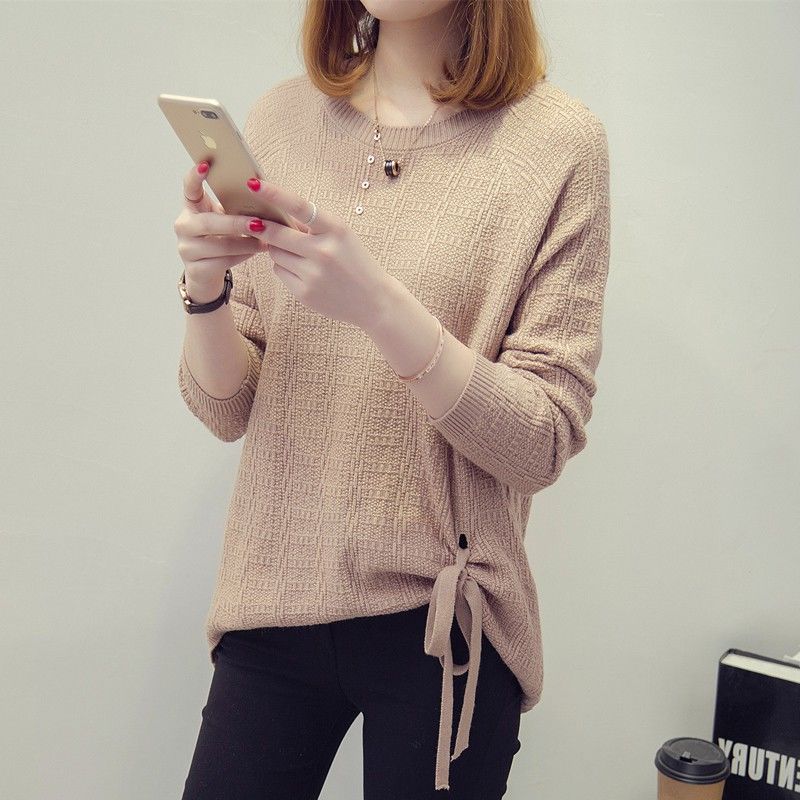 jinran Spring Summer New Solid Lace-up O-Neck Women's Clothing Hole Knitted Sweater Slight Strech Casual Loose Pullovers Long Sleeves