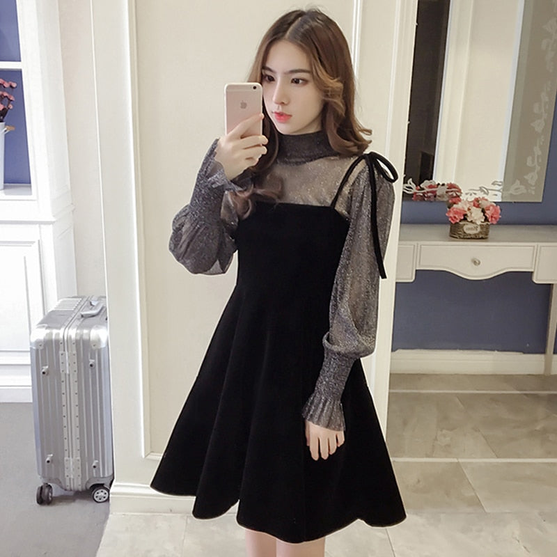 jinran Spring New Elegant Two Piece Dress for Women Women Winter Korean A-Line O-Neck Tops and Black Sundress Streetwear Dress Vestidos