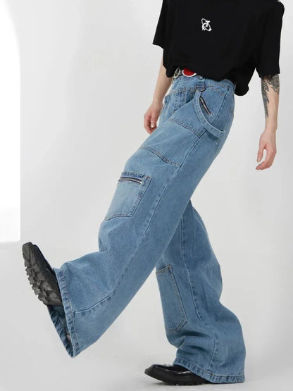 Baggy Cargo Jeans Men Denim Wide Leg Trousers Male Oversize Casual Streetwear Hip Hop Pocket Zipper Safari Style