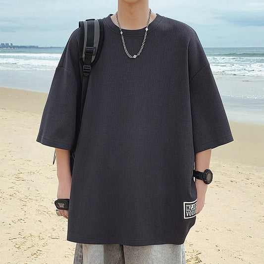 Men Round Neck Oversized Streetwear T Shirts 2024 Summer Mens Japanese Fashions Harajuku T-Shirt Male Pure Color Top Tees