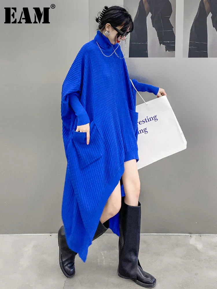jinran Women Blue Irregular Back Long Big Size Knitting Dress New Turtleneck Long Sleeve Fashion Tide Spring Autumn 2024 1DF9757