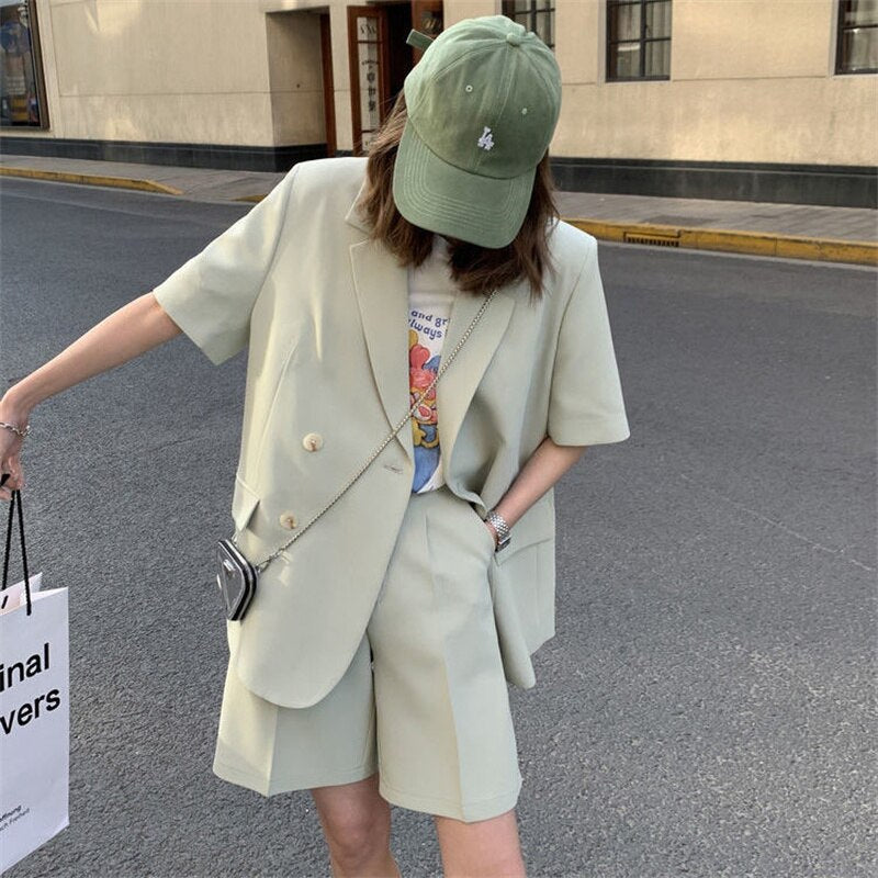 jinran Summer 2022 Thin Casual Loose Short Sleeve Jacket and Shorts Two-piece Elegant Women's Pants Suit Female Office Tracksuit Blazer