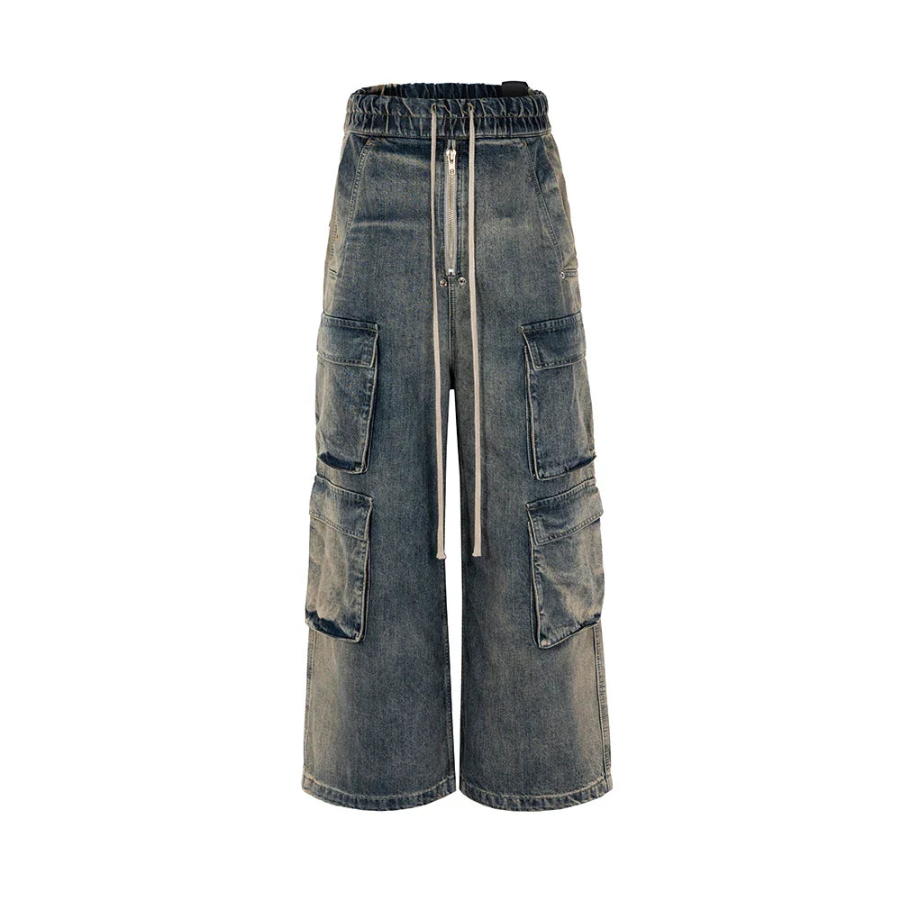 Gradient Ribbons Multi-pockets Drawstring Jeans for Men Harajuku Streetwear Baggy Y2K Denim Trousers Oversized Cargos