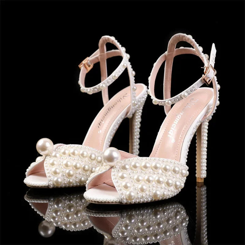 jinran Women Sandals Fashion High Quality Wedding Shoes Women New Pearls Studs Luxury Peep Toe High Heels Buckle Woman Sandal 43