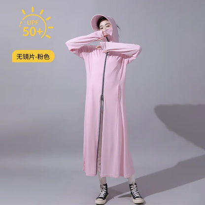 jinran Summer Women Hooded Sun Protection Long Trench Coat With Hand Cover Design Breathable Thin Cool Fabric Cosy Clothing  Outerwear