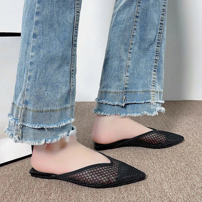 jinran Fashionable Pointed Toe Half Slippers Women 2024 Summer New Women's Mesh Hollow Slippers Plus Size Outdoor Leisure Mules Shoes