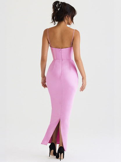 jinran Summer Satin Maxi Bodycon Dress Sexy Event Night Wedding Guest Dress Women Corset Party Dresses Pink Slit Dress High Quality