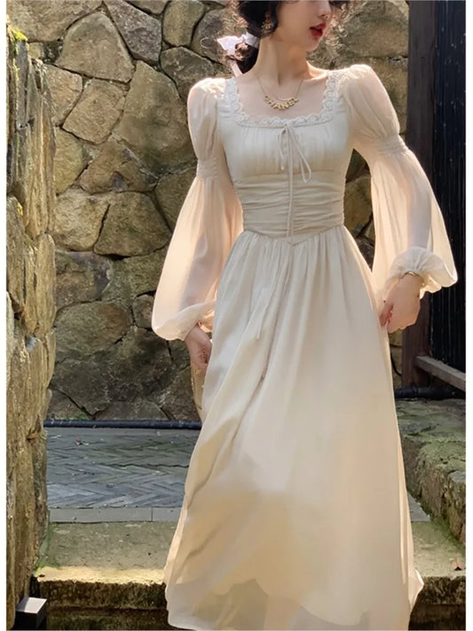 jinran Women Casual Print Elegant Square Collar Midi Dress Vintage Female Long Sleeve Lace Holiday Beach Dress Slim Evening Party Dress