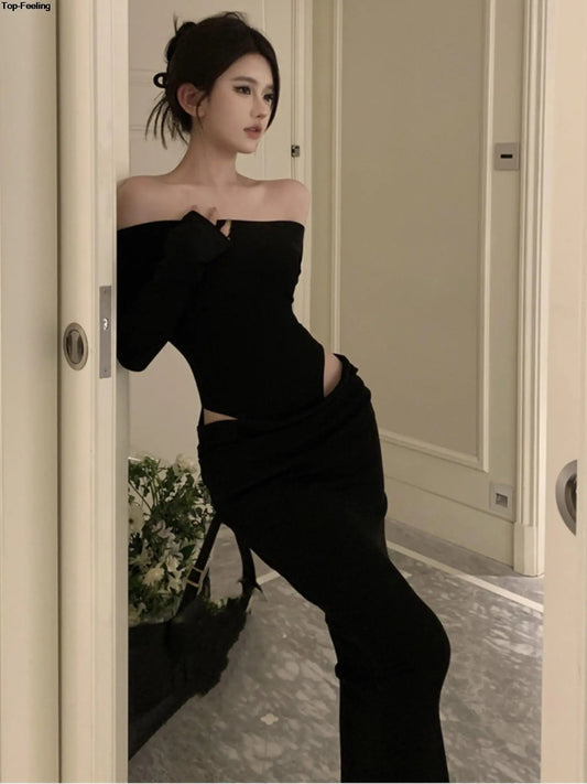 jinran Women Sexy Hollow Out Black Long Dress Spring Autumn Fashion Bodycon Party Prom Runway Robe Female Y2k Streetwear Mujers Clothes