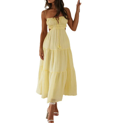 jinran Women Long Dress Evening Party Summer Clothes 2023 Solid Color Tie-Up Sleeveless Backless Fashion Sling Dress Sexy Club
