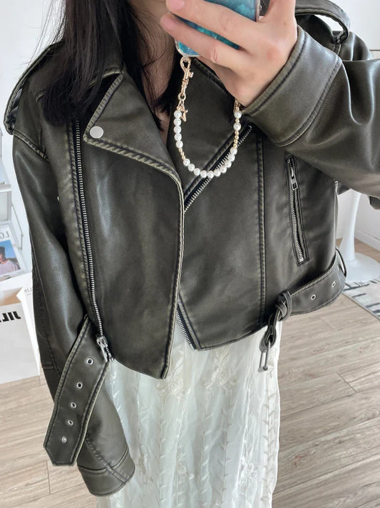 jinran  New Spring Autumn Women Vintage Loose Faux Leather Jacket with Belt Streetwear Lapel Short Pu Coat Moto Biker Outwear