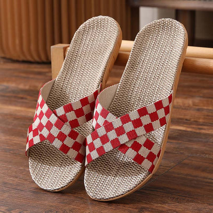 jinran New Checkerboard Linen Slippers Women 2022 Summer Indoor Home Shoes Household Non-slip Couple Four Seasons Men's Sandals Y