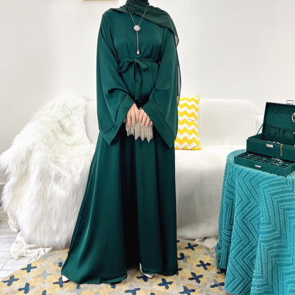 jinran Summer Elegant Solid Color Colorful Temperament Long Skirt Ladies Open Shouder Robe Satin Large Size Belt Muslim Woman Abaya