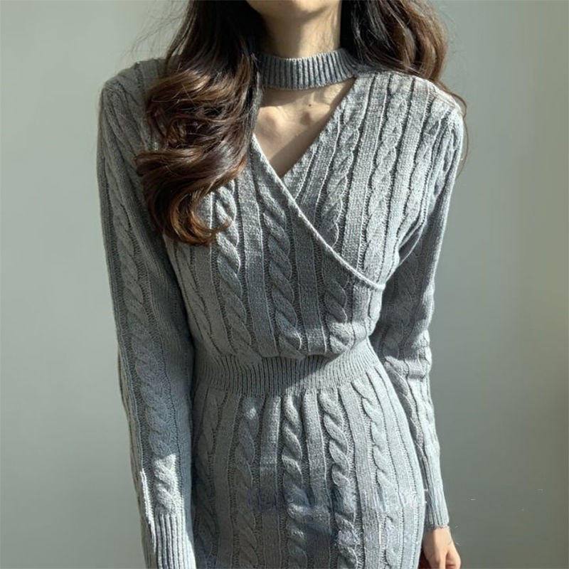 jinran Retro Split Knit Dress Women's Autumn Winter New Waist Slimming Bottoming Sweater Skirt Dress for Women Sweaters Dresses