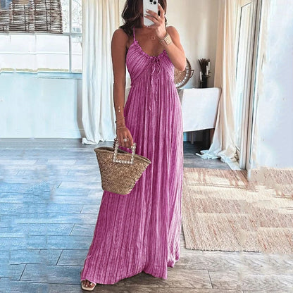 jinran Women Maxi Dress Summer Casual Printed Halter Sleeveless V Neck Lace Up Backless Beach Loose Dresses High Streetwear