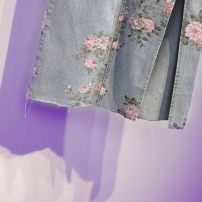 jinran Spring And Summer Trendy Flower Split Denim Skirt Women's 5XL Slightly Fat MM Thin Bag Hip Mid-length A-line Skirt