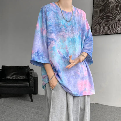 Y2k Tie-Dye T-shirt For Men Korean Streetwear 2024 Summer Short Sleeve Tee Tops O-neck Tshirts Oversized T-Shirt Couple Tees