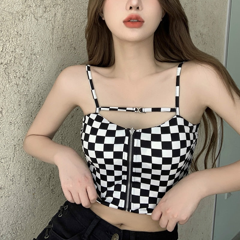 jinran Black White Plaid Crop Top Women Design Zipper Camisole Slim Sexy Tank Top French Chic Sports Bandeau Girl Summer 2022 New