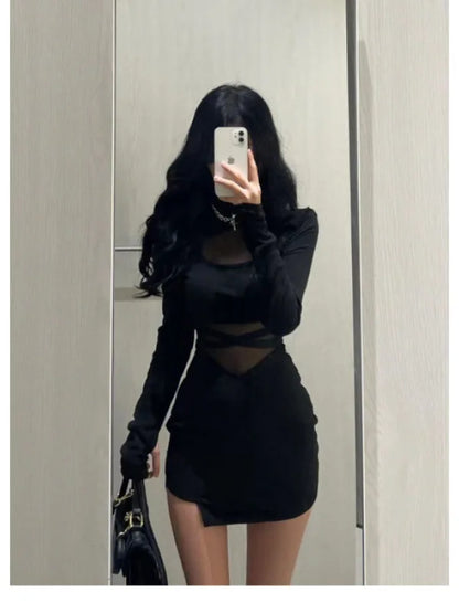 jinran Pile Up Sleeves New Sexy Black Fishbone Dress Personalized Slim Women Dress Thin Gauze Perspective Wrap Around Buttocks