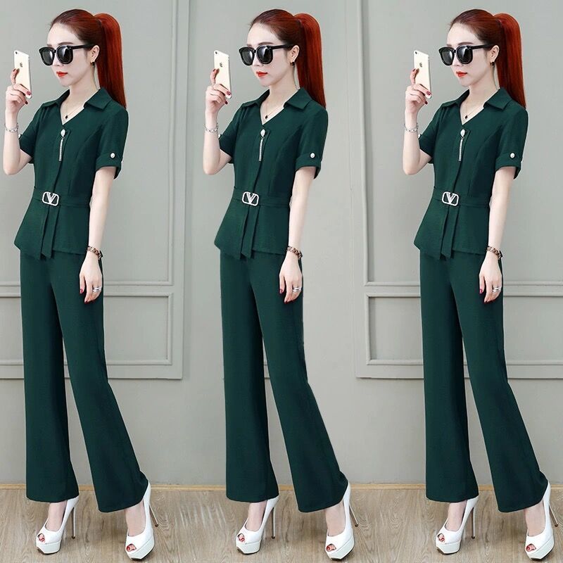 jinran Korean Style Summer Elegant Women's Pants Set Belt Decorative Asymmetric Chiffon Shirt Casual Pants Two-piece Set Tracksut