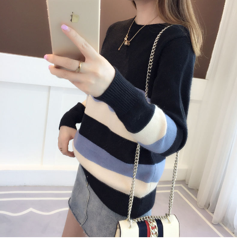 jinran 2022 New Striped Thick O-Neck Women's Clothing Loose Spliced Pullovers Medium Strech Casual Autumn Winter Sweaters Korean Trend